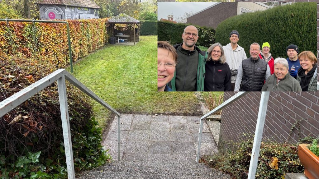 Der Garten des DRK nach unserem Arbeitseinsatz, sowie ein Gruppenfoto.